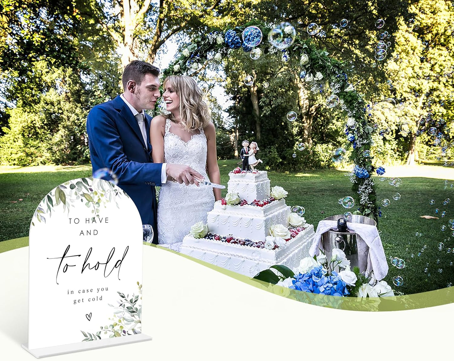 Greenery Wedding Blanket Sign, 6 x 8 Inch White Arch Acrylic Wedding Sign with Holder, Wedding Sign for Ceremony and Reception, Wedding Decoration, Wedding Supplies - LY30