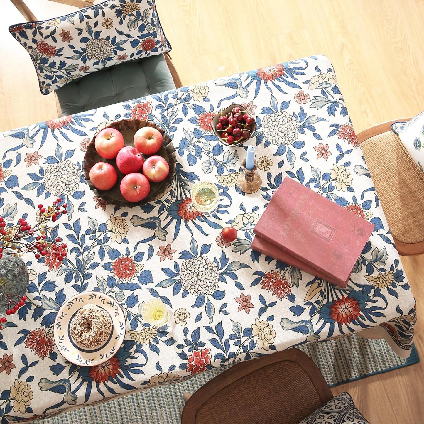 patdrea Designer Blue Tablecloth for Rectangle Table,Vintage Linen with Leaves and Floral Pattern Long Tablecloths,Farmhouse Decor Cover for Kitchen Dining Christmas,Thanksgiving,63"x102"-Ivar a