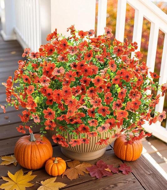 HyeFlora Artificial Fall Flowers Faux Mums for Outdoor Indoor Garden Home Decoration, Faux Flower Daisy with Eucalyptus Leaves Fake Mums Plants Greenery Boxwood Porch Patio, 12 Bundles (Orange)