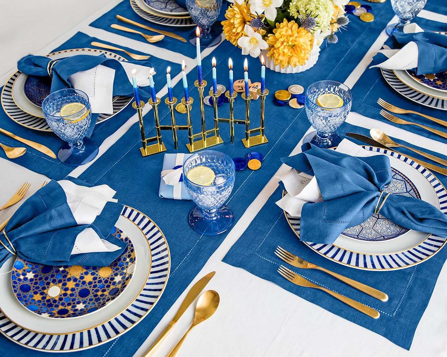 Solino Home Linen Table Runner 36 Inches - 100% Pure Linen Indigo Blue Hemstitch Table Runner 14 x 36 Inch Ideal for Dresser and Coffee Tables - Fall, Autumn, Christmas, Holiday - Classic Hemstitch
