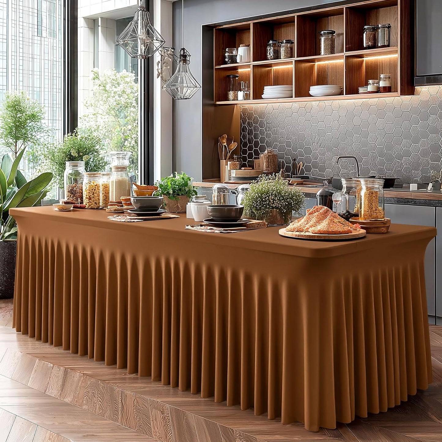 Wish Care 2 Pack Brown Spandex Table Clothes for 4 Foot Rectangle Tables, 4FT Wrinkle Free Fitted Tablecloths Ruffles Design Table Cover for Party, Banquet, Wedding and Events