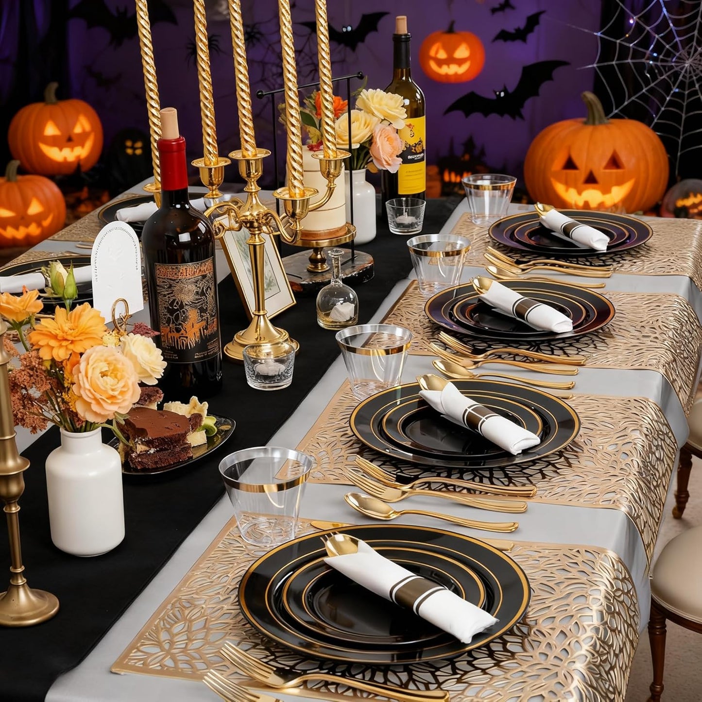 175PCS Black and Gold Plates - Black Disposable Plates for Party - 25Guests Disposable Dinnerware Set for Halloween/New Year/Wedding