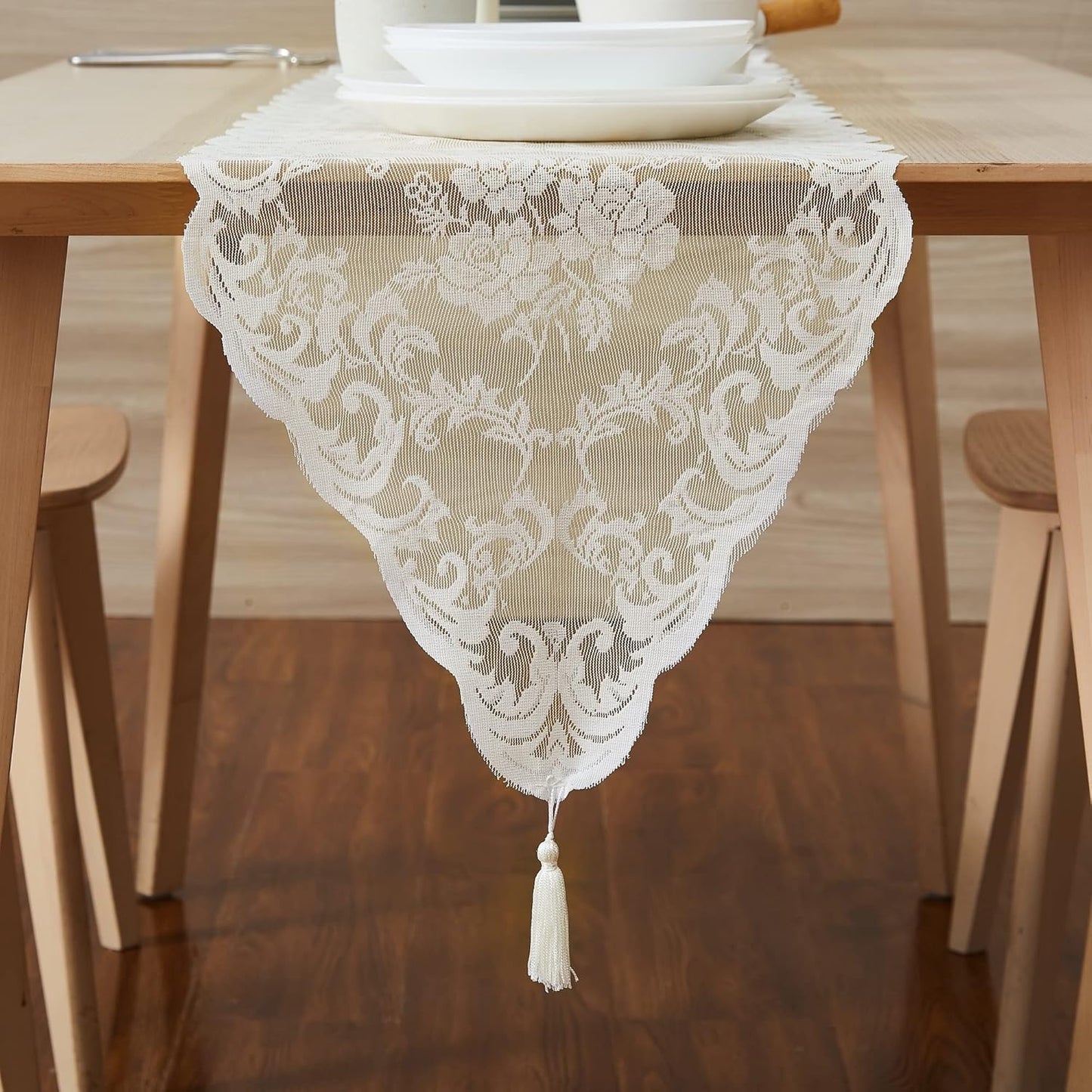 LinenZone Ivory Table Runner with 2 Tassels for Rustic Vintage Decor. Lace Table Runner Works Great As Wedding, Thanksgiving, Christmas Decor (Mia 14 x 96, Ivory)