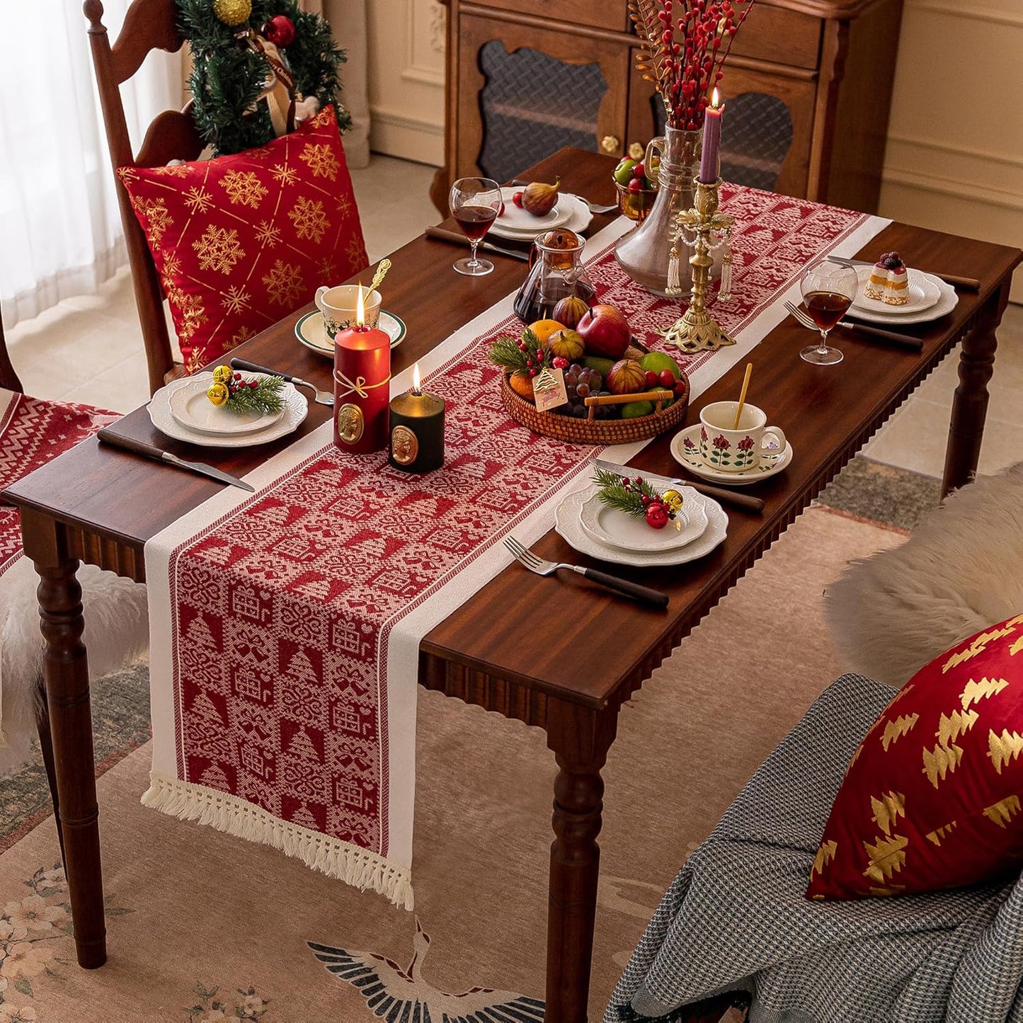 Table Runners 107 Inches,Christmas Tree Table Runner with Tassel Fringe,Gift Table Runner for Party，Coffee Table, Festival