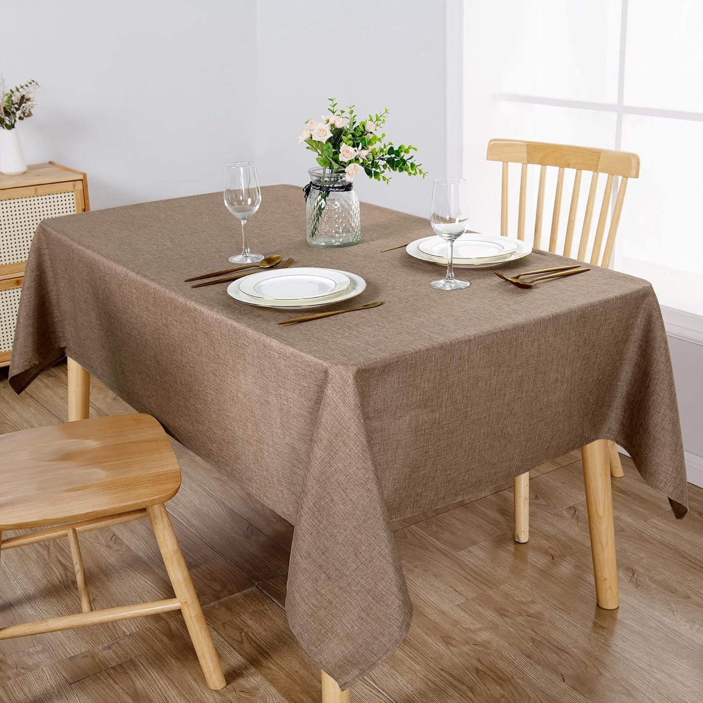 Hiasan 2 Pack Faux Linen Rectangle Tablecloth - Wrinkle and Stain Resistant Washable Table Cloth for Kitchen Dining Room Holiday Table Cover for Party Dinner, Khaki, 54 x 108 Inch