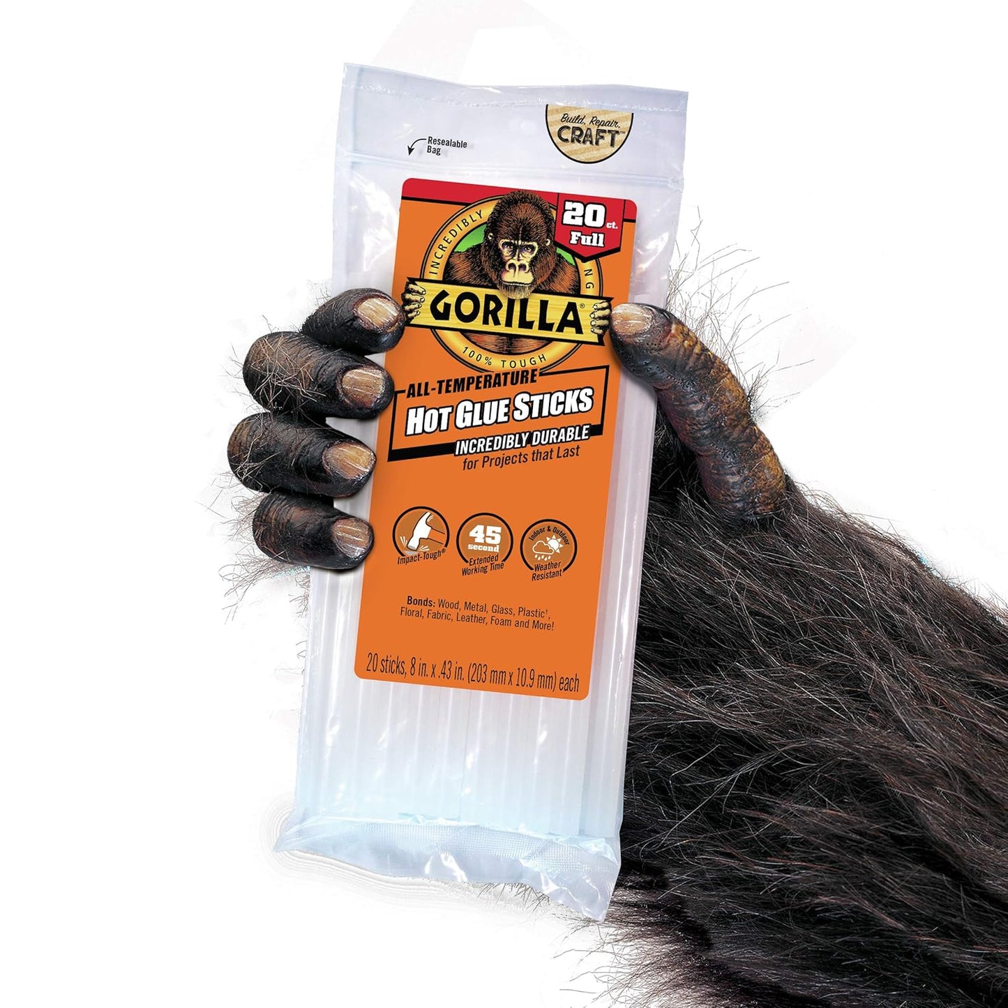 Gorilla Hot Glue Sticks, Clear Glue, Full Size 8" Long x 0.43" Diameter, 20 Count (Pack of 1) - Safe for All Temperatures with Extended Working Time