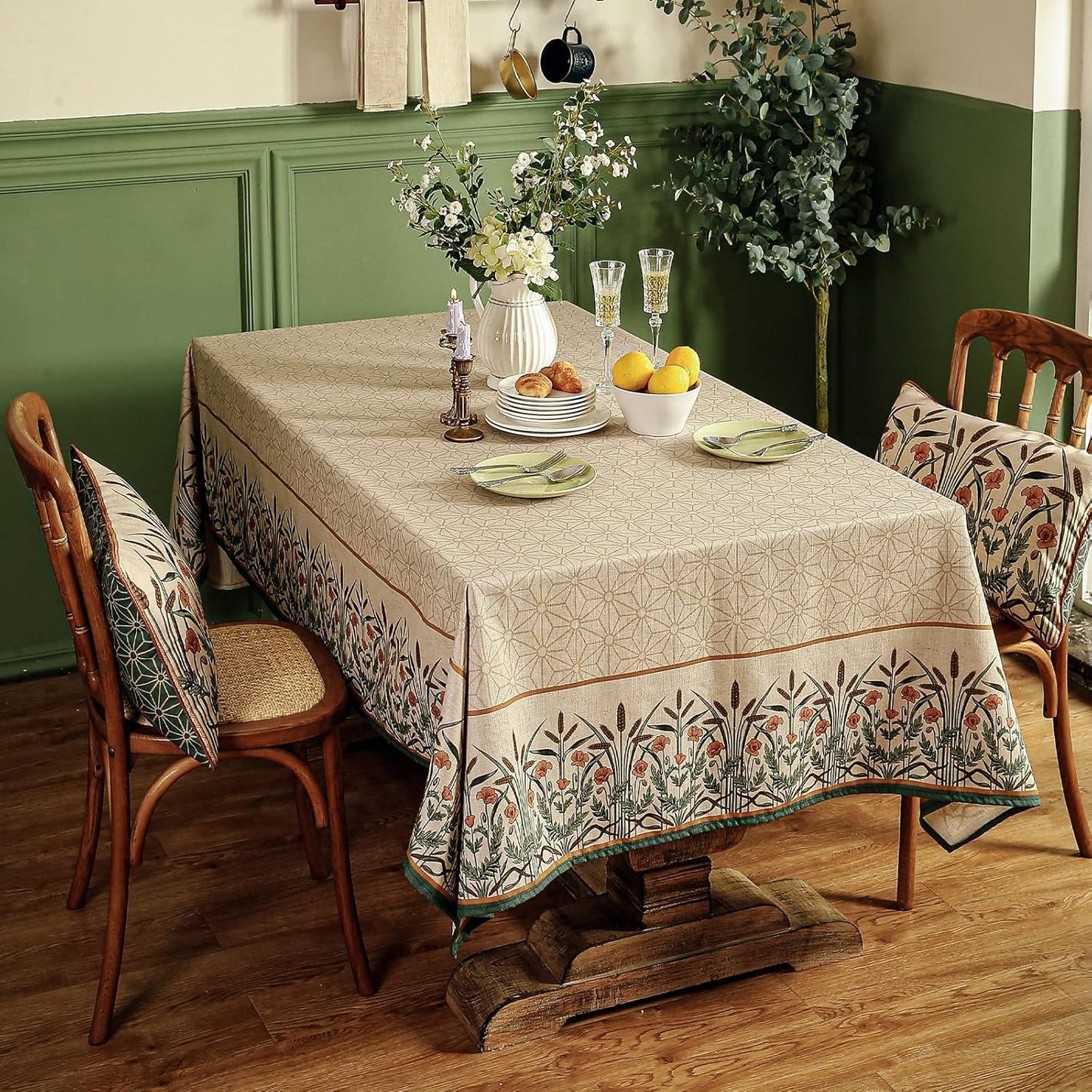 patdrea Designer Linen Vintage Table Cloth for Rectangle Table,Light Brown Durable French Floral Tablecloth,Decor Cover for Kitchen Dining,Christmas,Thanksgiving,Tea Party,55"x87"-Cudillero