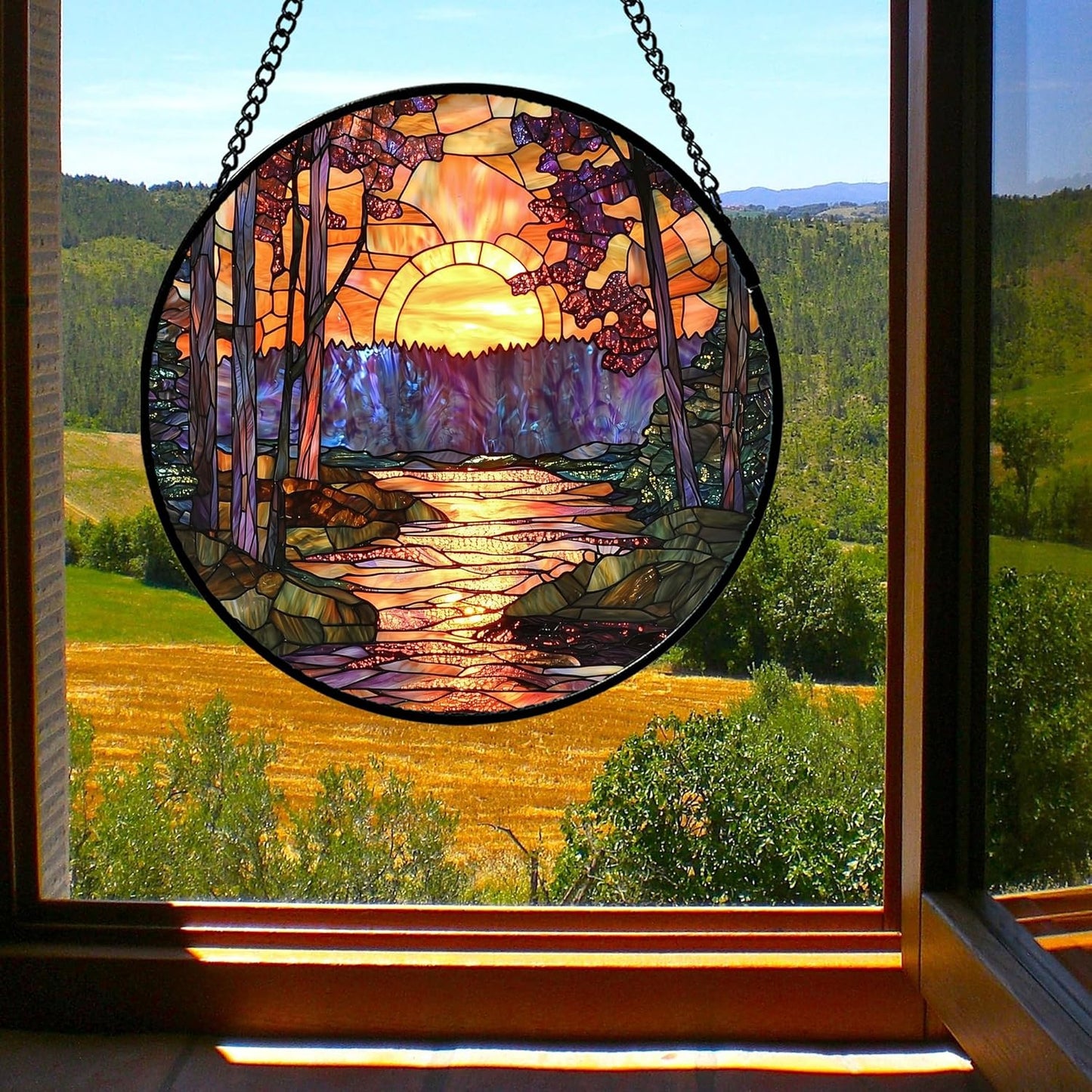 Stained Glass Window Hanging, Orange Landscape Green Purple Lake Forest Suncatcher for Doors Window Home Sun Catchers Decor Mother's Day Birthday Gifts for Women Men Mom 15 in