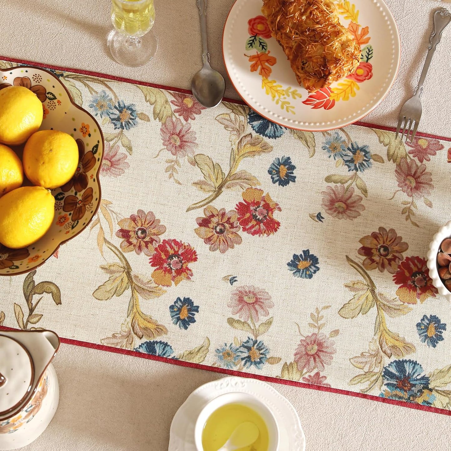 patdrea Designer Farmhouse Linen Thick Table Runner, Rustic Cottage Beige with Floral Pattern Fabric Table Mat, Decoration for Kitchen Dining Thanksgiving New Year Banquet Christmas, 12"*87"