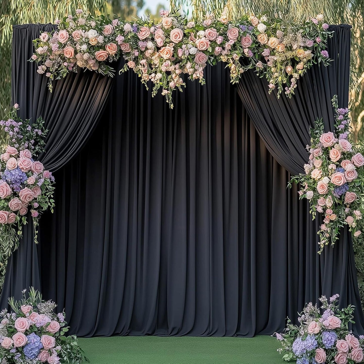 10ftx14FT Wrinkle Free Black Backdrop Curtain, 2 Panels 14FT Height Black Wedding Backdrop Drapes, Silky Polyester Back Drop Cloth for Birthday Photography Background Party Backdrop Draping