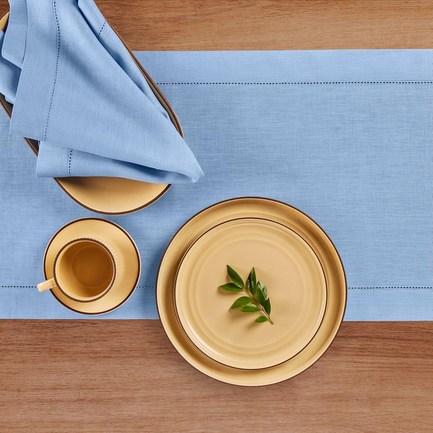 Solino Home Linen Cornflower Blue Hemstitch Table Runner 36 Inches - 100% Pure Linen Small Table Runner 14 x 36 Inch Ideal for Dresser and Coffee Tables - Classic Hemstitch - Christmas, Holiday