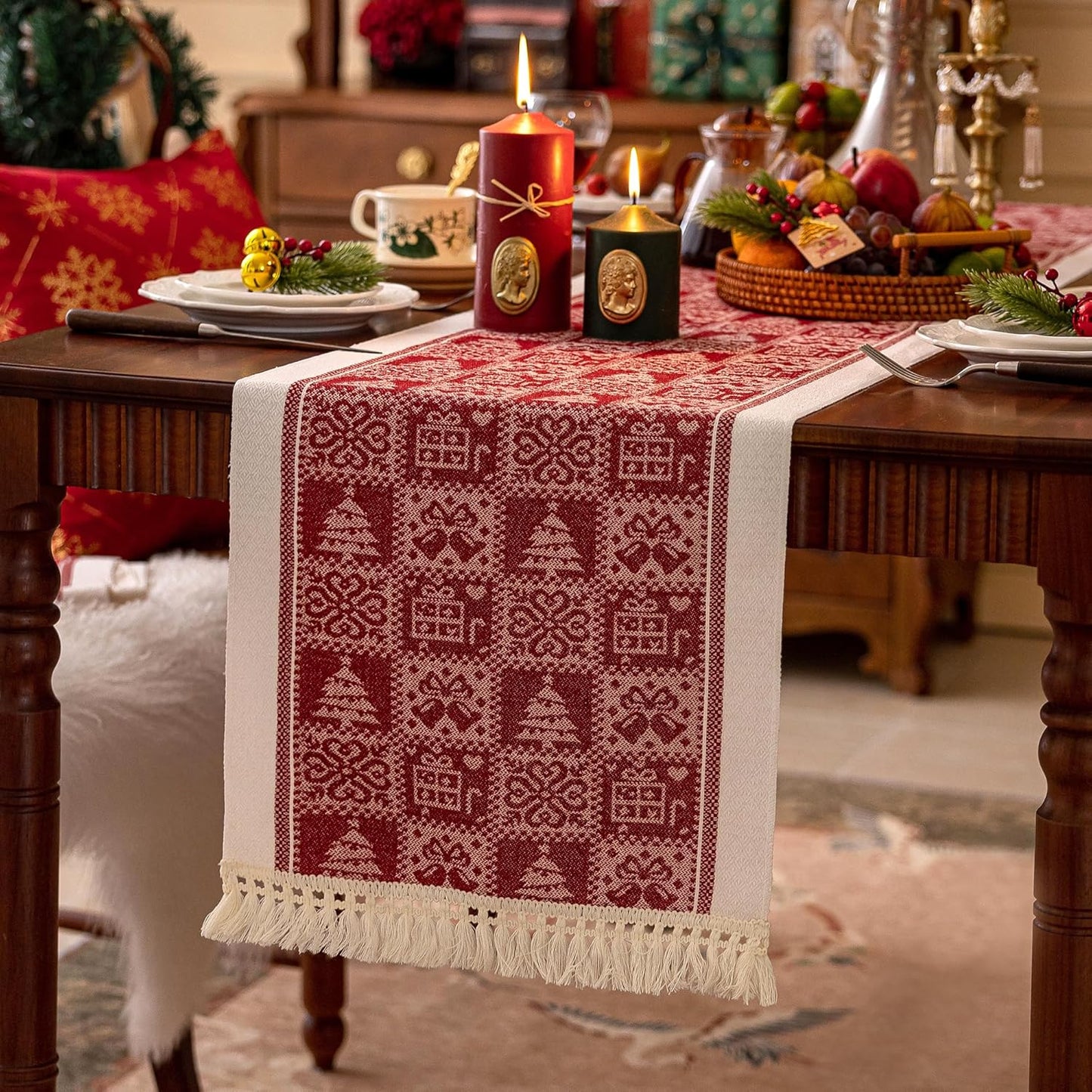 Table Runners 119 Inches,Christmas Tree Table Runner with Tassel Fringe,Gift Table Runner for Party，Coffee Table, Festival
