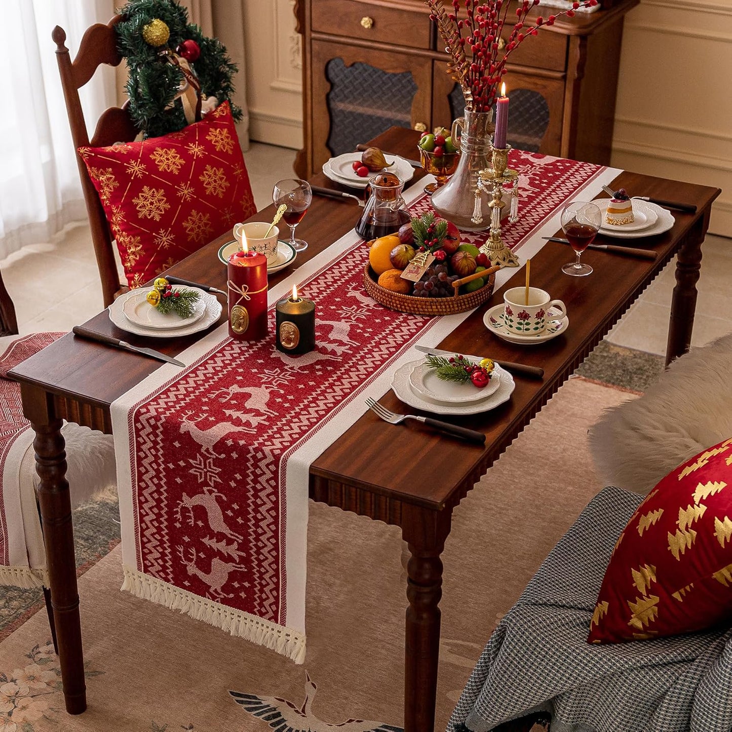 Table Runners 83 Inches,Elk Table Runner with Tassel Fringe,Christmas Table Runner for Party，Coffee Table, Festival