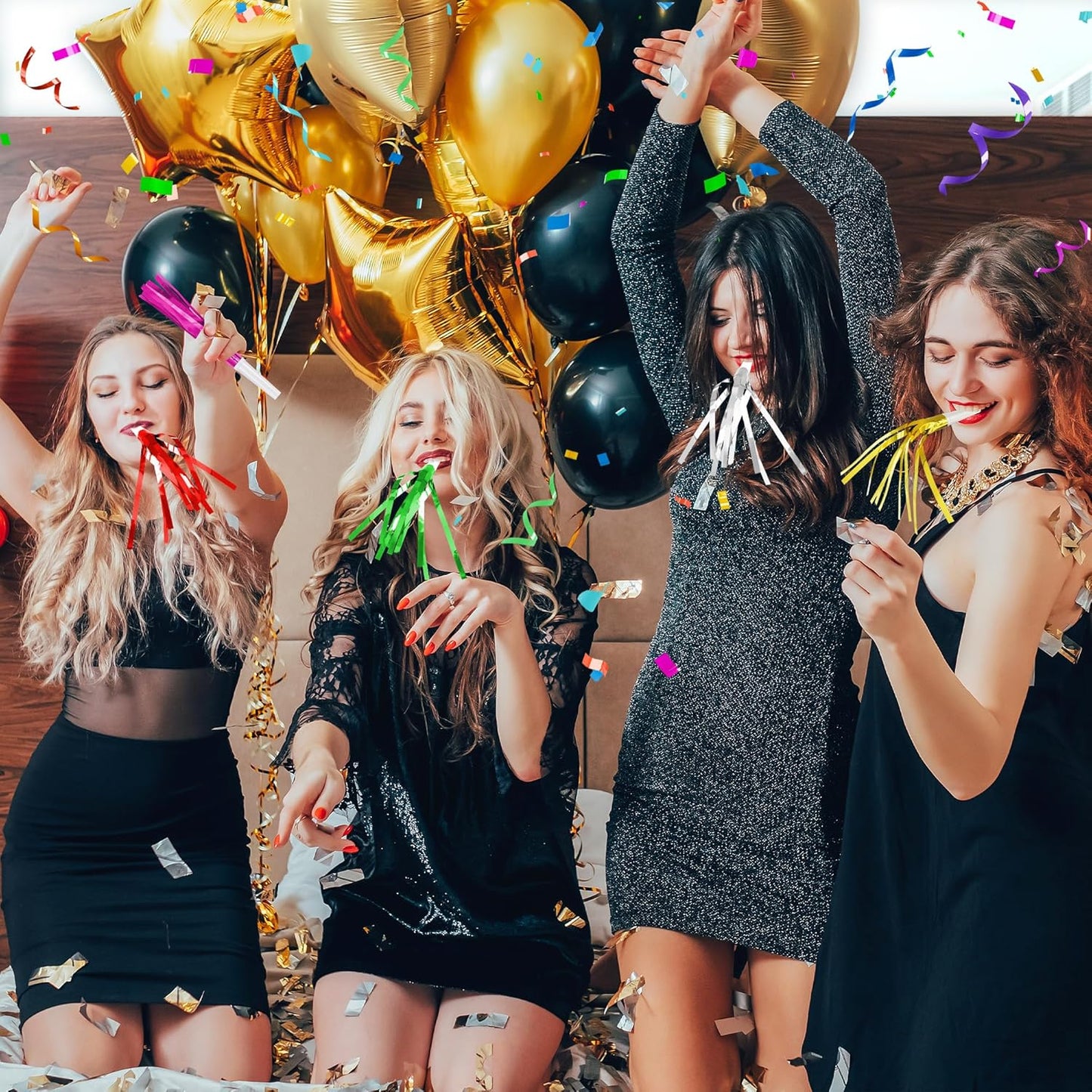 12 Pcs Glitter Noise Makers Metallic Fringed Party Blower for Adults Birthday Graduation New Years Party Favors Supplies (Red)