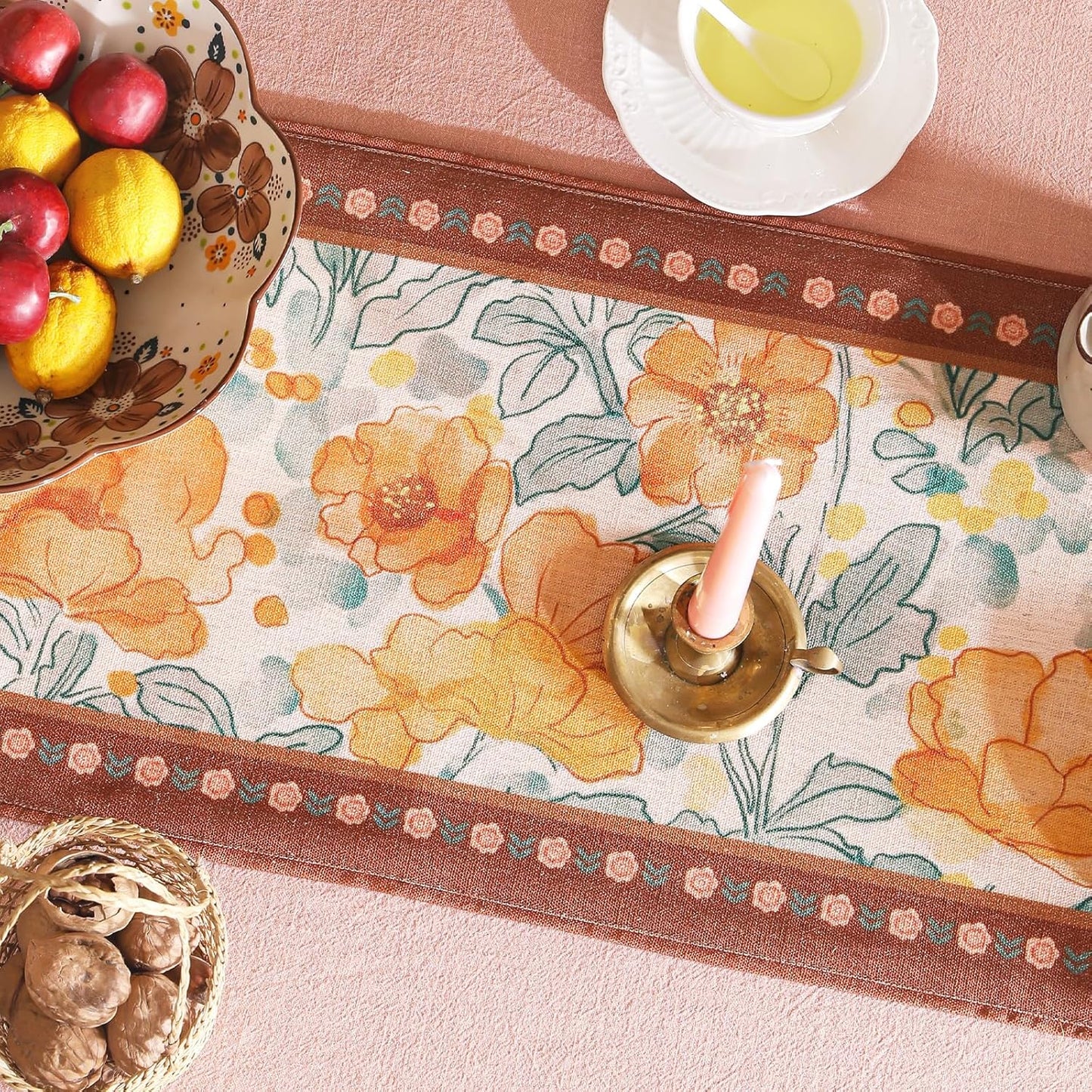 Designer Vintage Floral Printed Table Runner,French Soft Linen Farmhouse Table Runners 87 Inches Long,Italian Decor Tabletop for Kitchen,Dining,Party,Home,Christmas,12"*87"