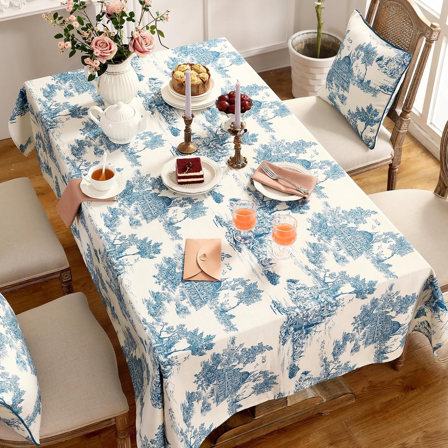 patdrea Designer Vintage Cyan Tablecloth for Rectangle Table,Linen Ancient Castle and Manor Pattern Tablecloths,Table Cover Decor for Kitchen Dining Christmas,Thanksgiving,63"x87"-Lucerne a