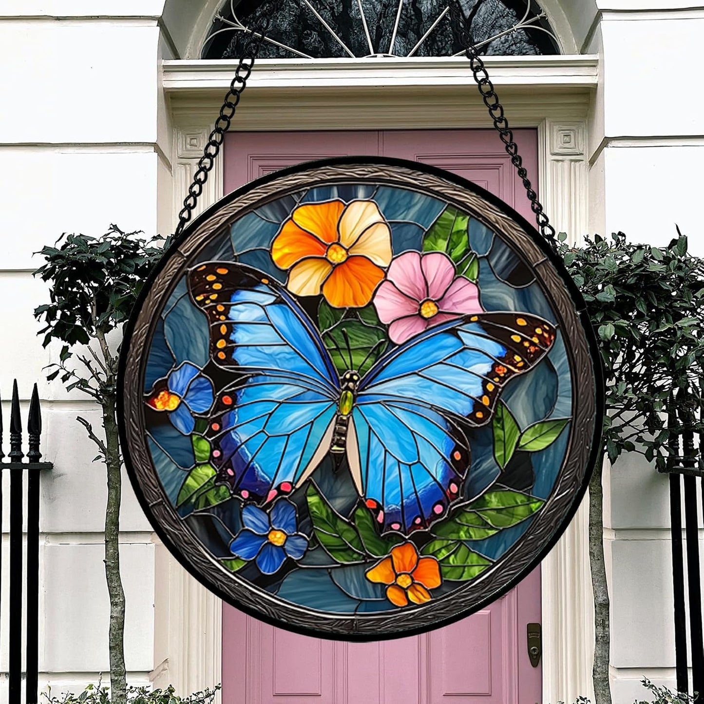Stained Glass Window Hanging, Blue Butterfly Flower Suncatcher for Doors Home Sun Catchers Decoration and Christmas, Mother's Day Birthday Gifts for Women, Men, and Mom 7.8 in