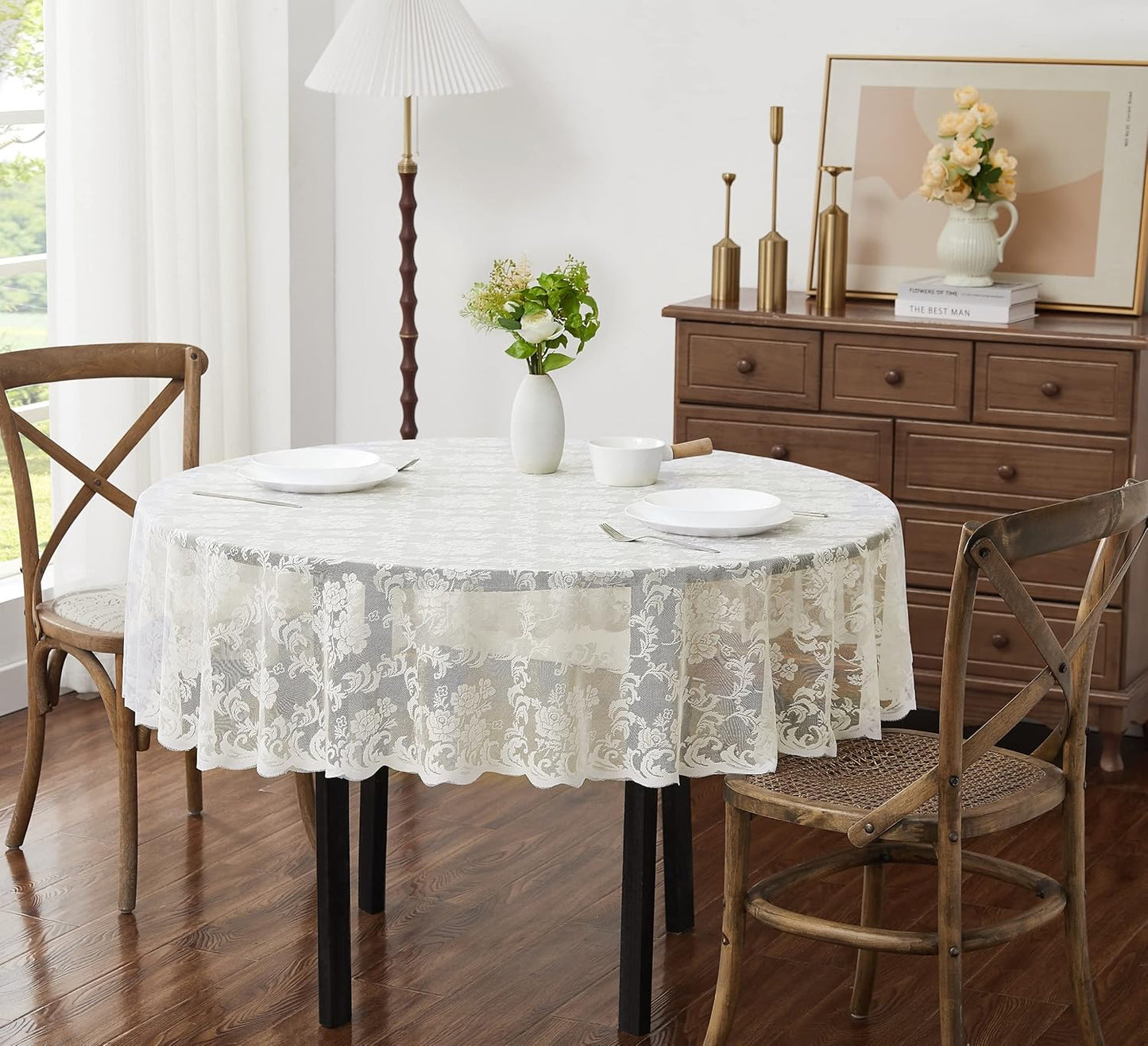 LinenZone Extra Large Ivory Round Tablecloth for Rustic Vintage Decor. Sheer Lace Table Cloth Works Great As Wedding Tablecloth or Thanksgiving Table Cover. (Mia 120 Round, Ivory)
