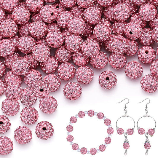 150 pcs 10mm Rhinestone Beads for Jewelry Making, Pink Shiny Round Shamballa Disco Beads Bulk, Sparkle Crystal Clay Christmas for Bracelet Baseball Necklace Earring Crafting and DIY