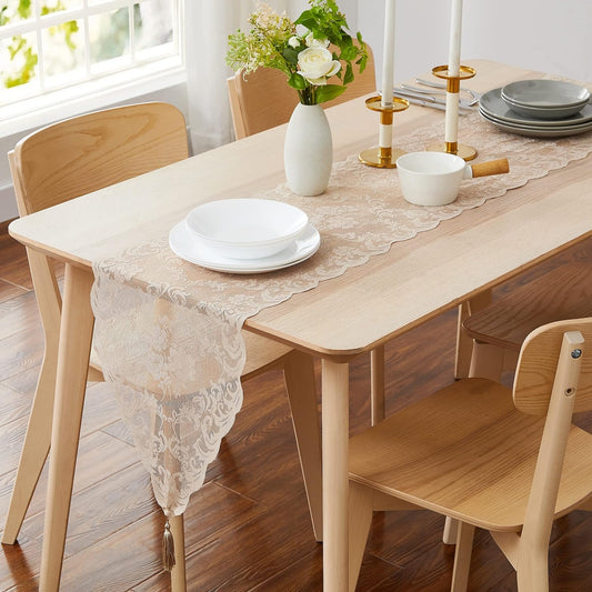 LinenZone Linen Table Runner with 2 Tassels for Rustic Vintage Decor. Lace Table Runner Works Great As Wedding, Thanksgiving, Christmas Decor (Mia 14 x 48, Linen)
