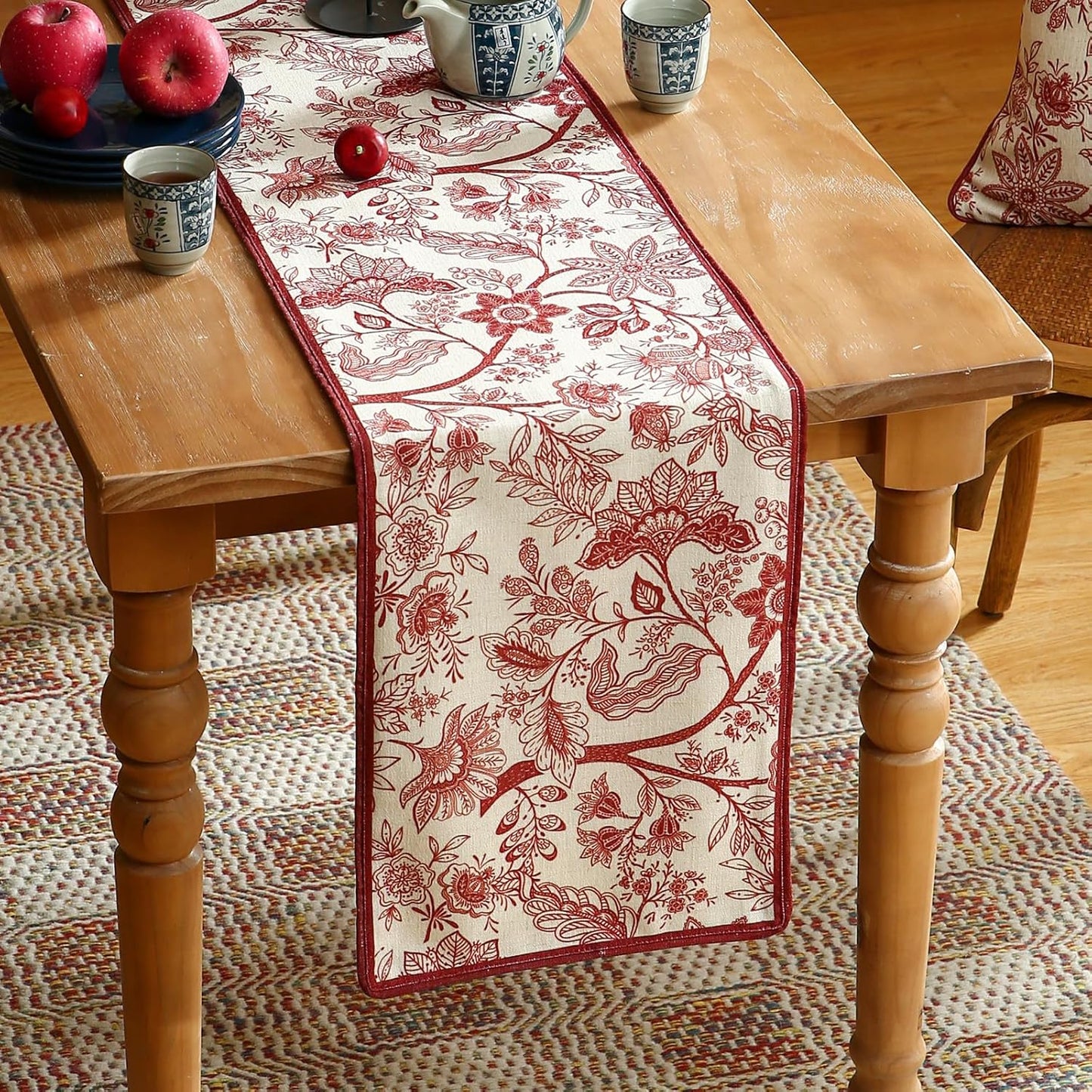 ISAENNE Designer Chinoiserie Elegant Linen Extra Long Table Runner 118 Inches,Red Floral Pattern Decor Table Runners for Thanksgiving,Dining Room,Banquet,Kitchen Tables,Christmas,12"*118"-Ruyi A