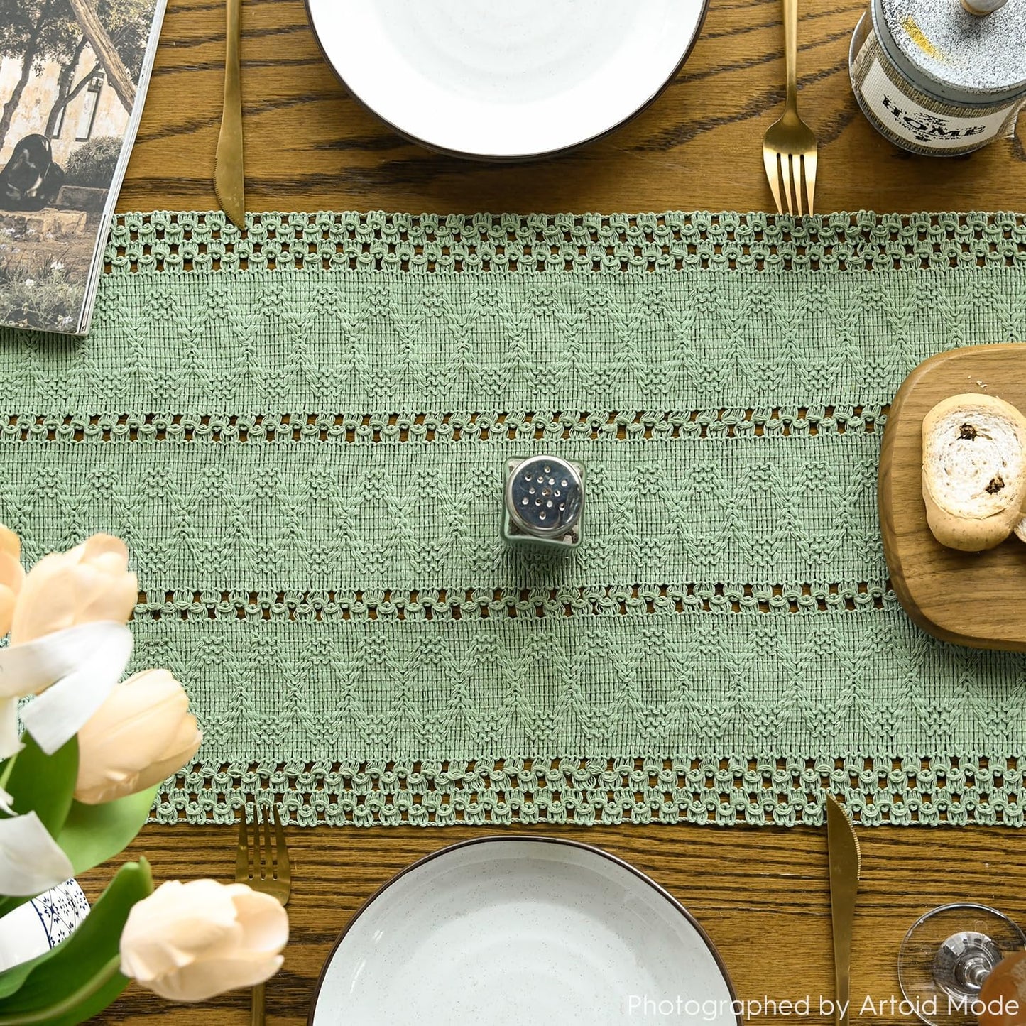 Artoid Mode Light Green Farmhouse Woven Rustic Hollow Table Runner, Seasonal Holiday Hollow Kitchen Dining Table Decoration for Home Party Decor 12x90 Inch