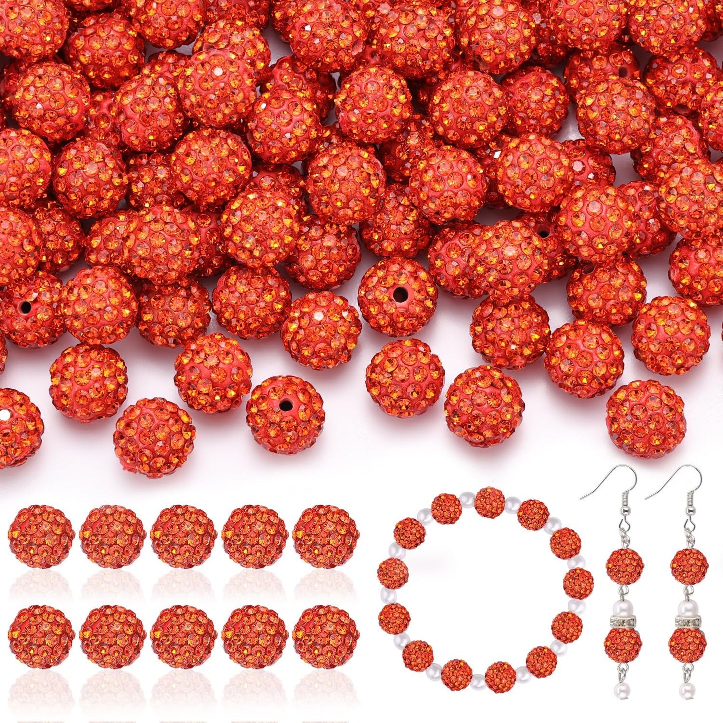 160pcs 10mm Rhinestone Beads for Jewelry Making, Orange Shiny Round Disco Ball Beads Bulk, Sparkle Crystal Clay Christmas for Bracelet Baseball Necklace Earring Crafting and DIY