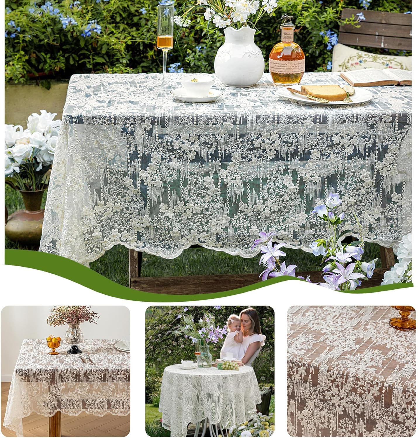 Lace Embroidered Tablecloth. Rectangle Lace Vintage Tablecloth Dustproof Table Protector for Kitchen Dining Room Party Banquet Home Picnic Wedding Decoration (Creamy White 70.5×53 inch)