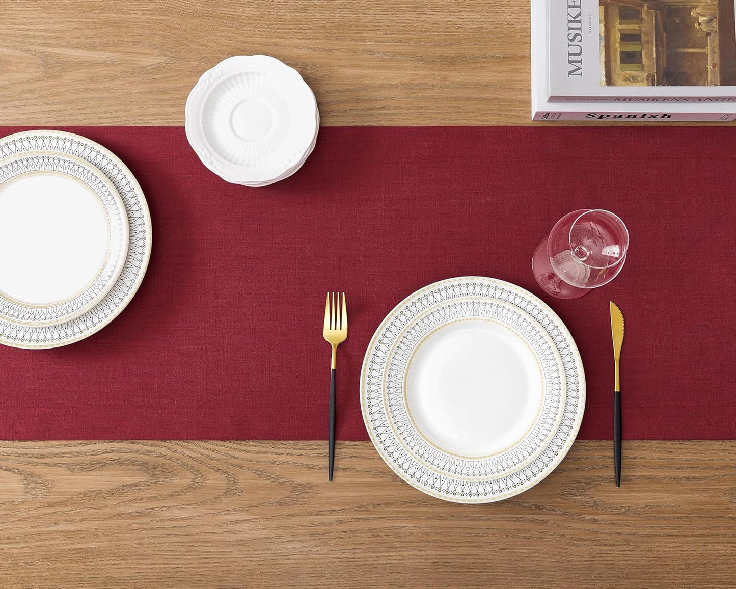 ZeeMart Linen Textured Border Table Runner, 14 x 108 Inch Red, Farmhouse Style Red Table Runners 108 Inches Long, Easy Care Everyday Polyester Table Runner