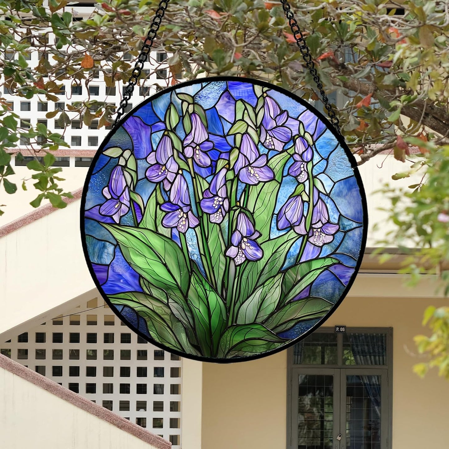 Stained Glass Suncatcher, Blue Purple Flowers Green Leaves Sun Catcher Plants Stain Glass Window Hanging Decoration Mother's Day Birthday Gifts for Women Men Mom and Nana 6.3 in