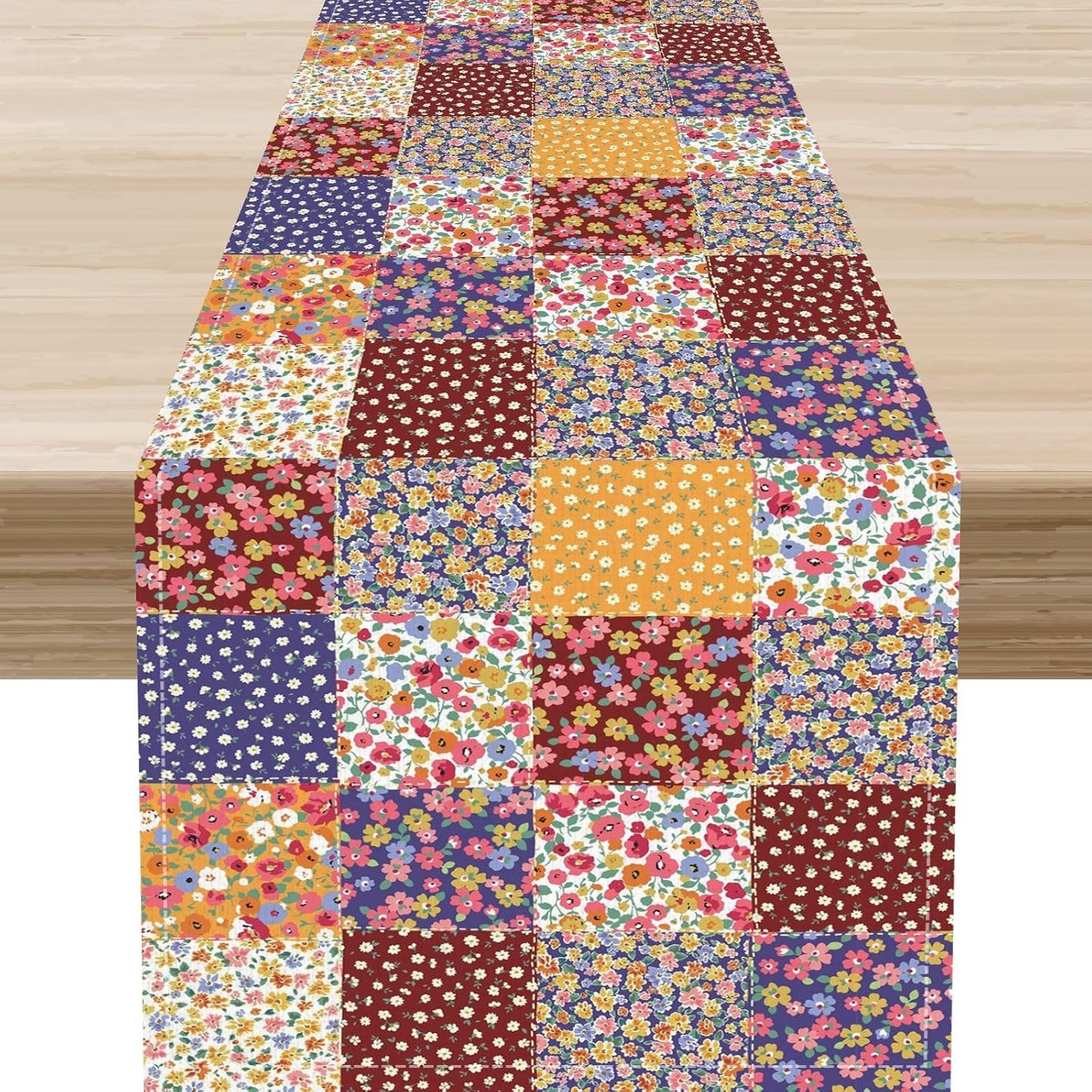 Patchwork Table Runner, Boho Vintage Floral Checkered Plaid Bohemian Paisley Flower Farmhouse Table Center Decor for Home Kitchen Dining Patio Holiday Party Indoor Table Decorations, 13"x36" Inch