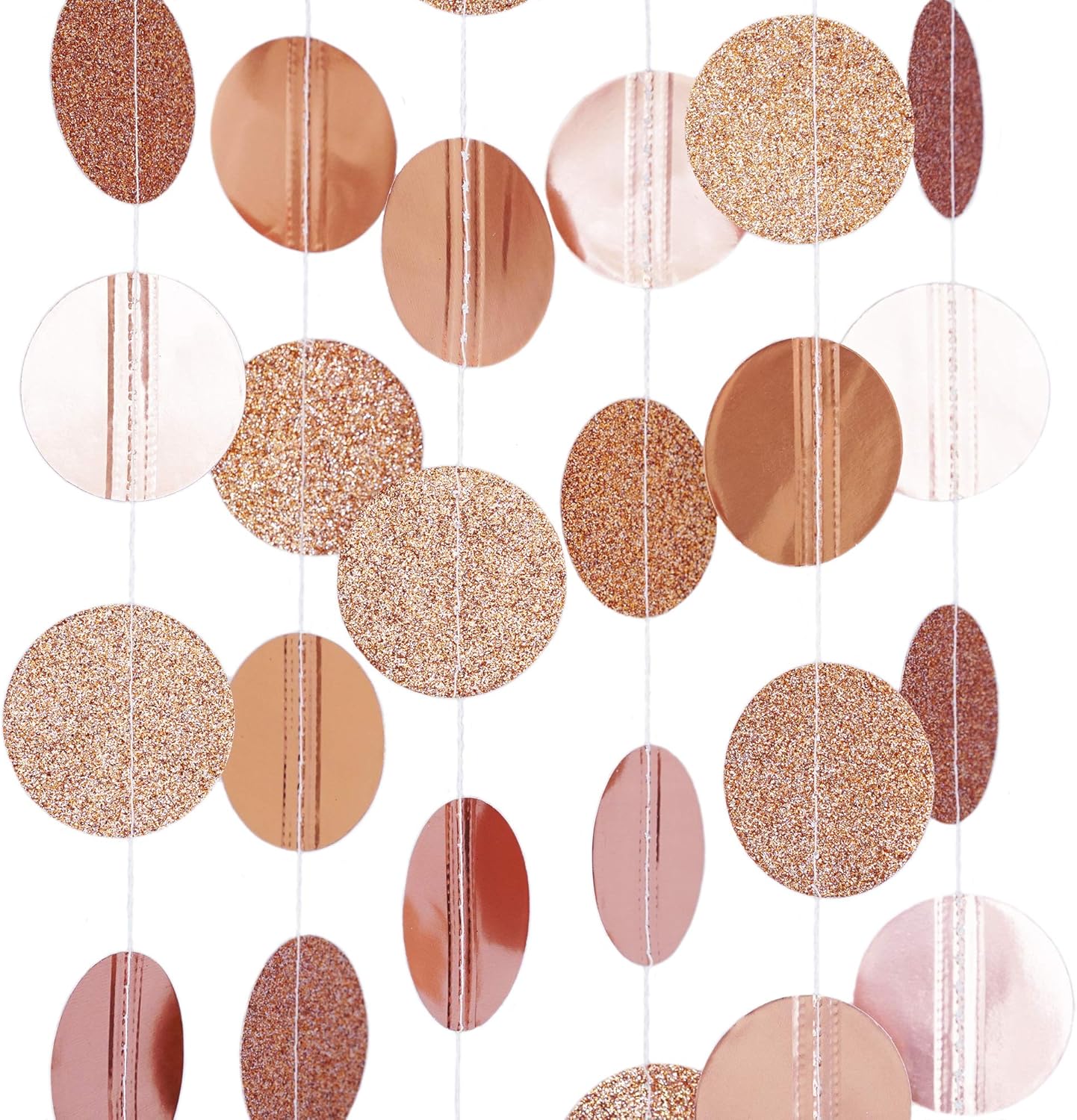 Circle Dots Paper Party Garland Streamer Backdrop (4-Pack, 10 Feet Per Garland, 40 Feet Total) - Rose Gold Glitter