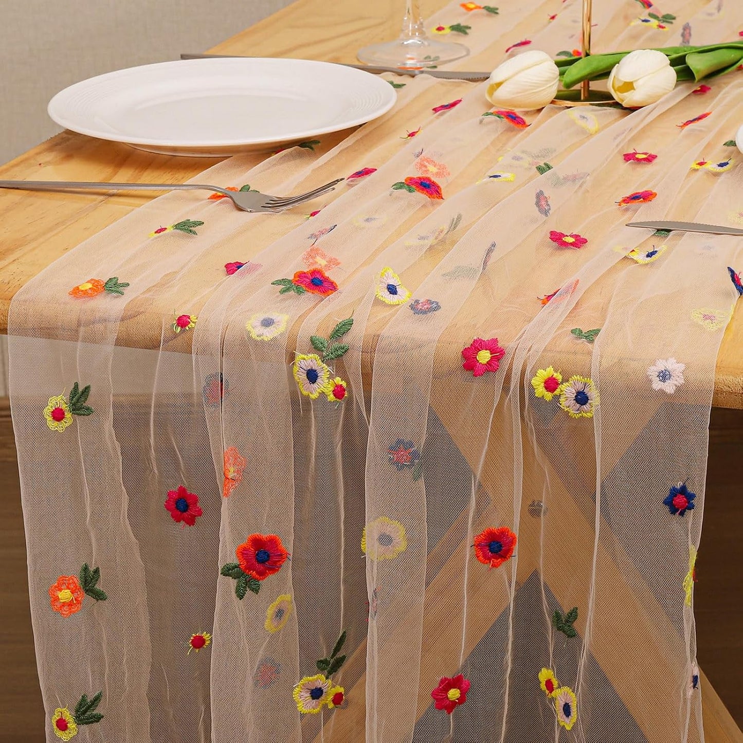 BINBE 3pcs Champagne Daisy Fall Table Runner Embroidery Gauze 10FT Florals Seasonal Tulle Holiday Birthday Kitchen Dining Table Decor for Home Party