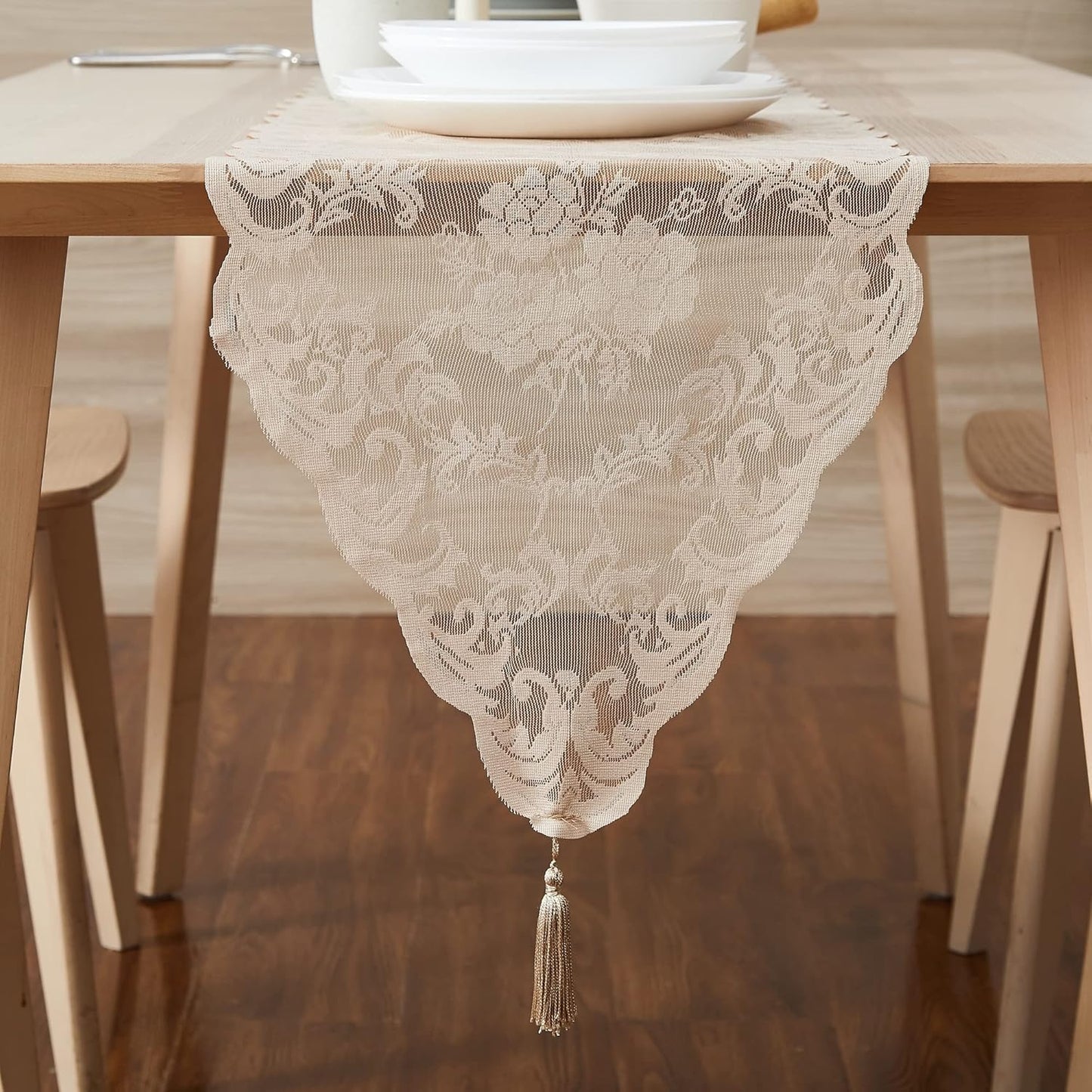 LinenZone Linen Table Runner with 2 Tassels for Rustic Vintage Decor. Lace Table Runner Works Great As Wedding, Thanksgiving, Christmas Decor (Mia 14 x 48, Linen)