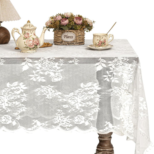 Jayla White Lace Tablecloth for Rectangular Tables, Vintage Style Wedding Table Cloths for Reception, Baby Shower, Birthday Party, Formal Dining, Dinner Parties 54 X 54 Inches