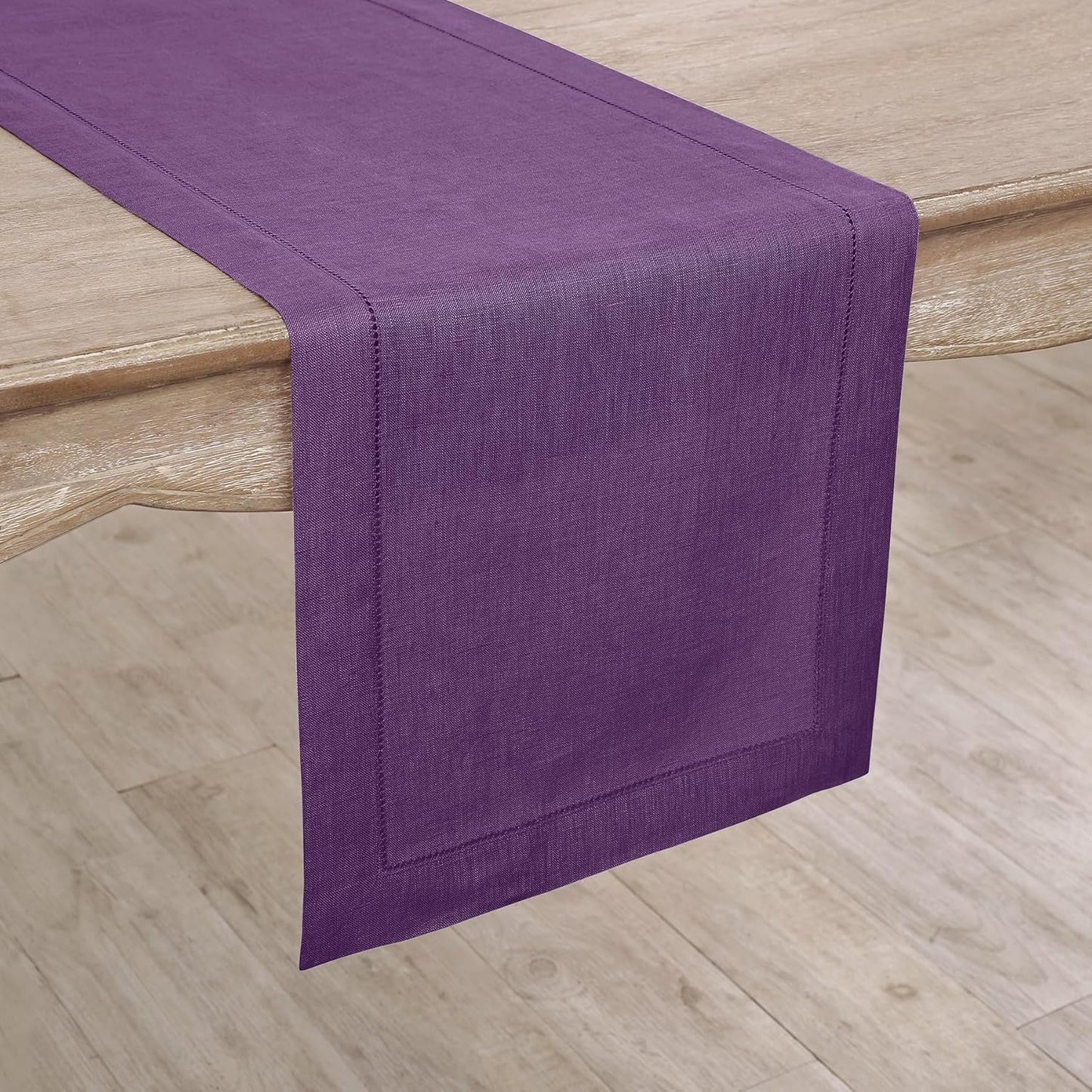 Solino Home Linen Purple Table Runner 48 Inches - Classic Hemstitch, 100% Pure Linen Coffee Table Runner 14 x 48 Inch Ideal for Dresser Tables - Fall, Autumn, Halloween, Thanksgiving, Holiday