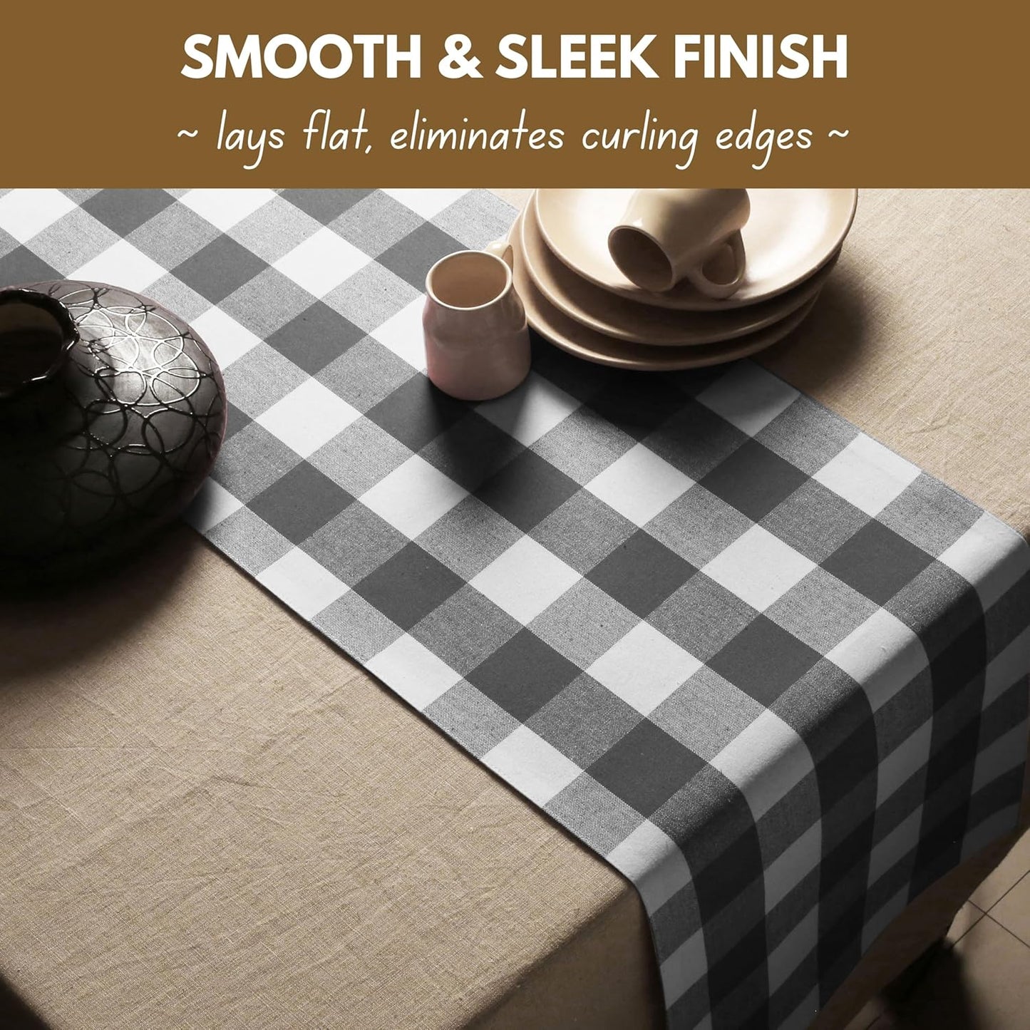 Native Fab Table Runner Buffalo Check Plaid 100% Cotton - 13x90 Inches Kitchen Dining Table Decoration for Indoor Outdoor Farmhouse Home Party Decor - Grey and White