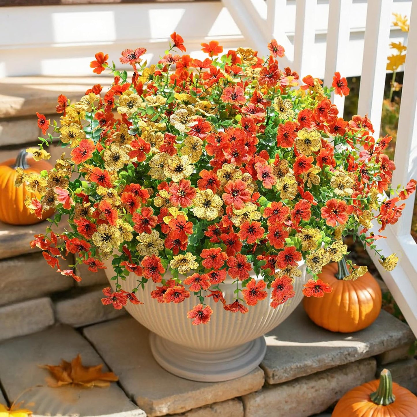 HyeFlora Artificial Fall Flowers Faux Mums for Outdoor Indoor Garden Home Decoration, Faux Flower Daisy with Eucalyptus Leaves Fake Mums Plants Greenery Boxwood Porch Patio, 12 Bundles (OrangeYellow)