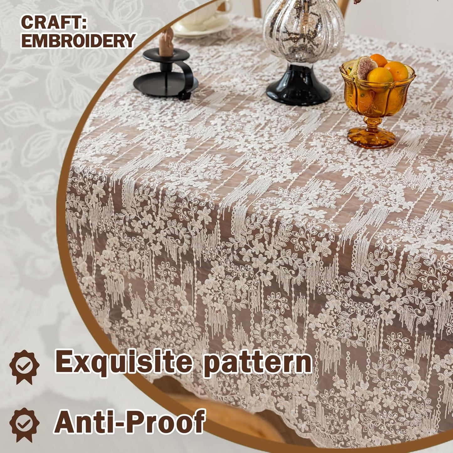 Lace Embroidered Tablecloth. Square Lace Vintage Tablecloth Dustproof Table Protector for Kitchen Dining Room Party Banquet Home Picnic Wedding Decoration (Creamy White 53×53 inch)