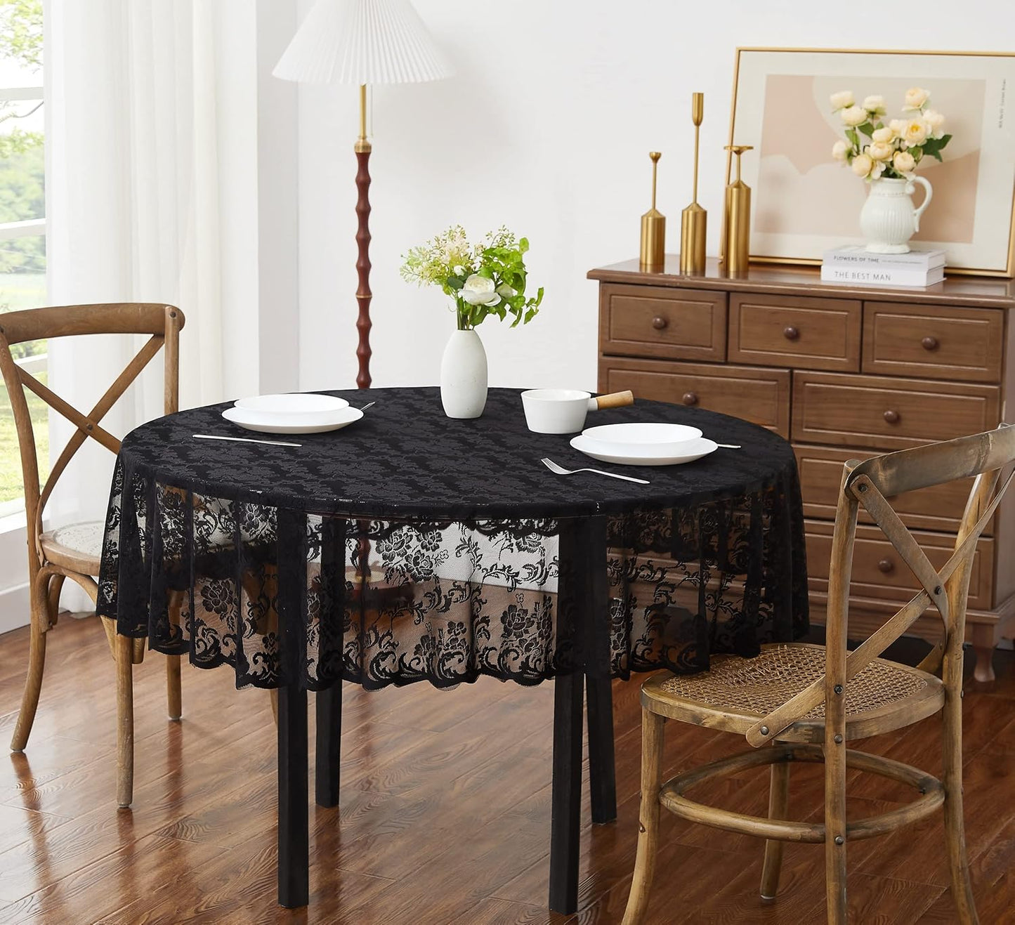 LinenZone Black Round Tablecloth for Rustic Vintage Decor. Sheer Lace Tablecloth Works Great As Wedding Table Cloth, or Christmas Table Cover (Mia 90 Round, Black)