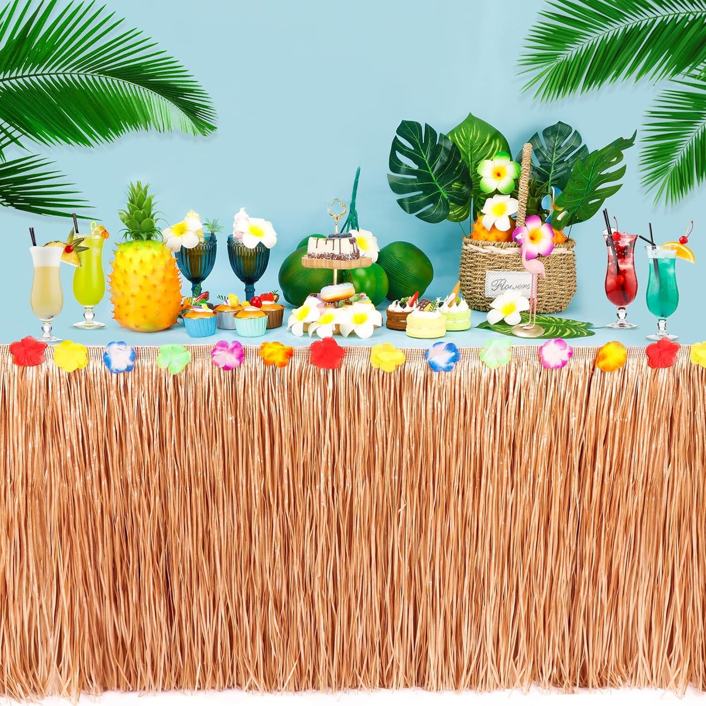 12PCS Hawaiian Table Skirt, Luau Themed Grass Table Skirt Party Supplies, Indoor Outdoor 108 X 29.5" Flower Tropical Hula Dance Parties Supplies Bulk, Table Skirt for Summer Beach Themed Party