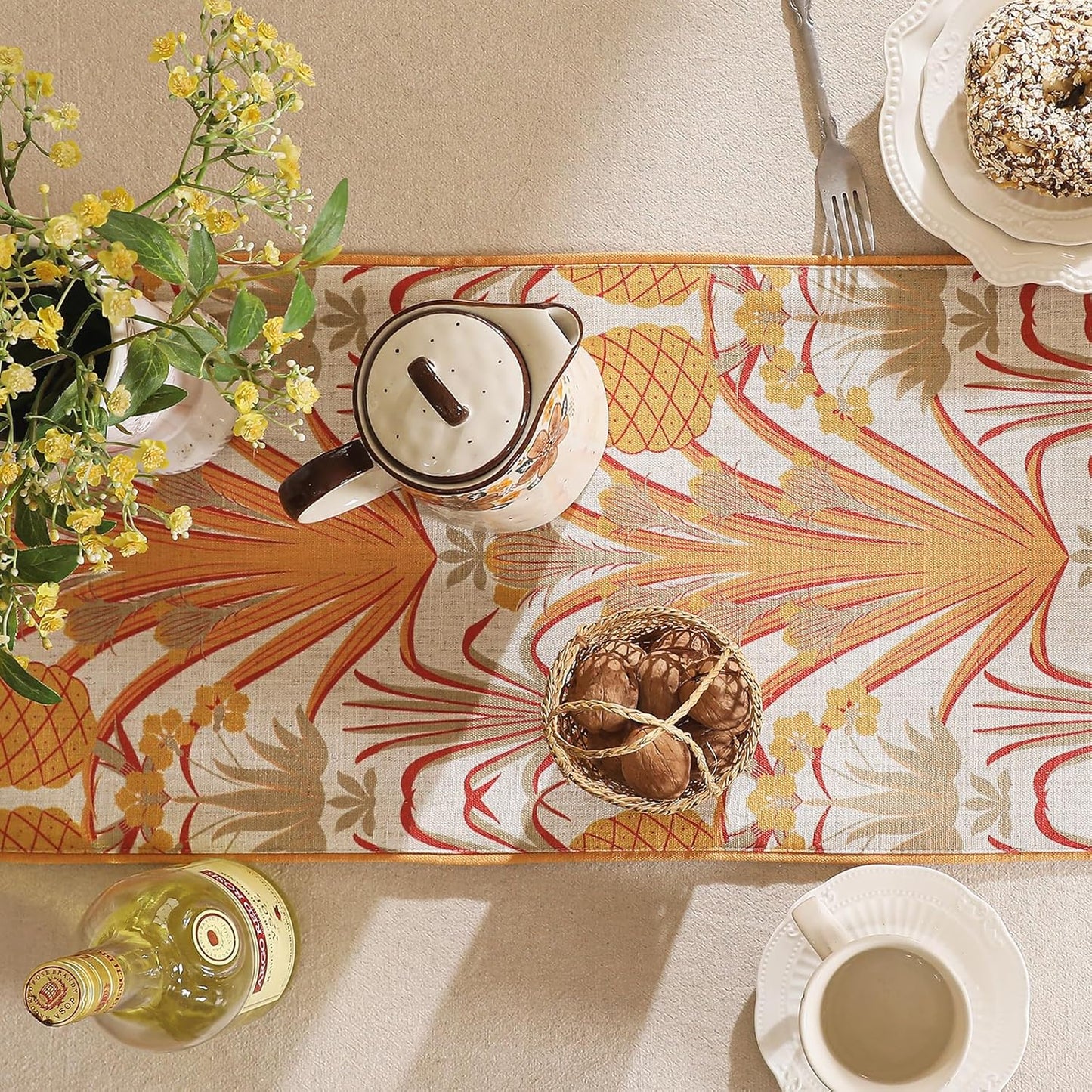 patdrea Designer Tropical Linen Table Runner 87 Inch Long, Yellow Vintage Elegant with Pineapple Pattern Table Mat,Decoration for Kitchen Dining Coffee Table Cover Banquet Christmas , 12"*87"