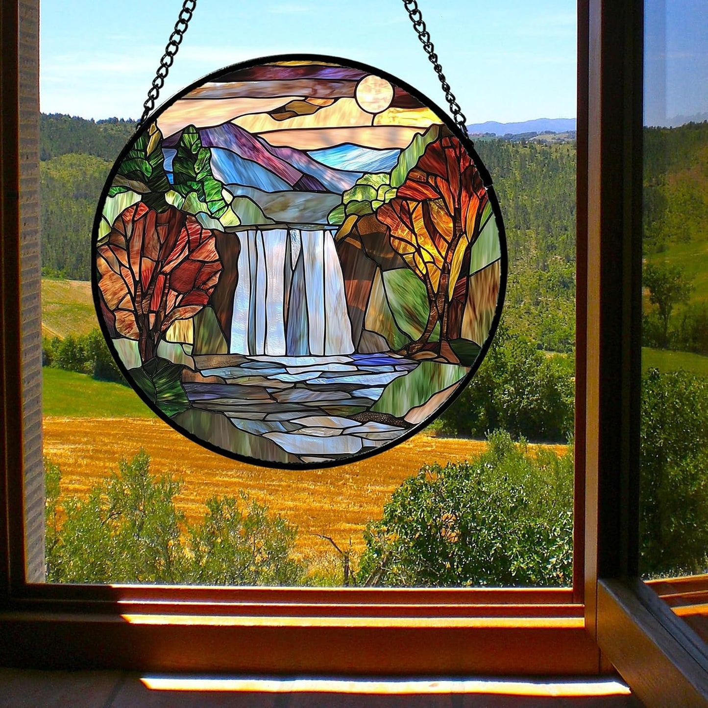 Stained Glass Window Hanging, Abstract Landscape Waterfall Mountains Trees Suncatcher for Doors Window Home Sun Catchers Decor Mother's Day Birthday Gifts for Women Men Mom 7.8 in