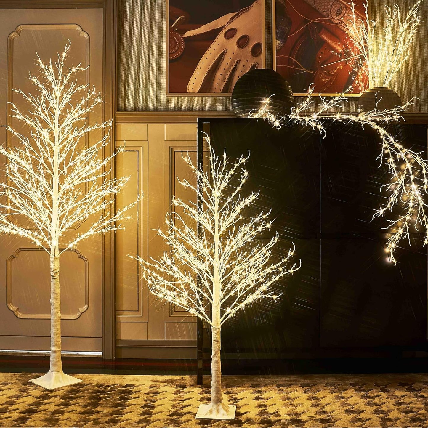 Hairui Lighted Branches with Iredescent Glitter 120 Fairy Lights USB Plug in and Battery Operated with Timer, White Twig Branches with Lights 32IN for Home Christmas Decorations Inside