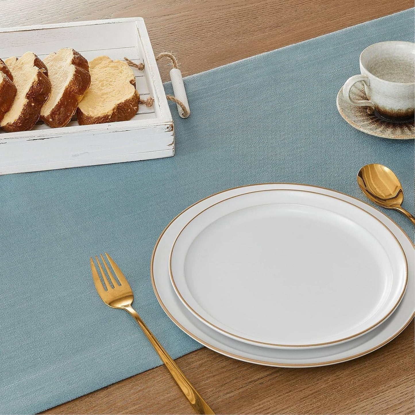 ZeeMart Linen Textured Border Table Runner, 14 x 108 Inch Blue, Farmhouse Style Dusty Blue Table Runners 108 Inches Long, Easy Care Everyday Polyester Table Runner