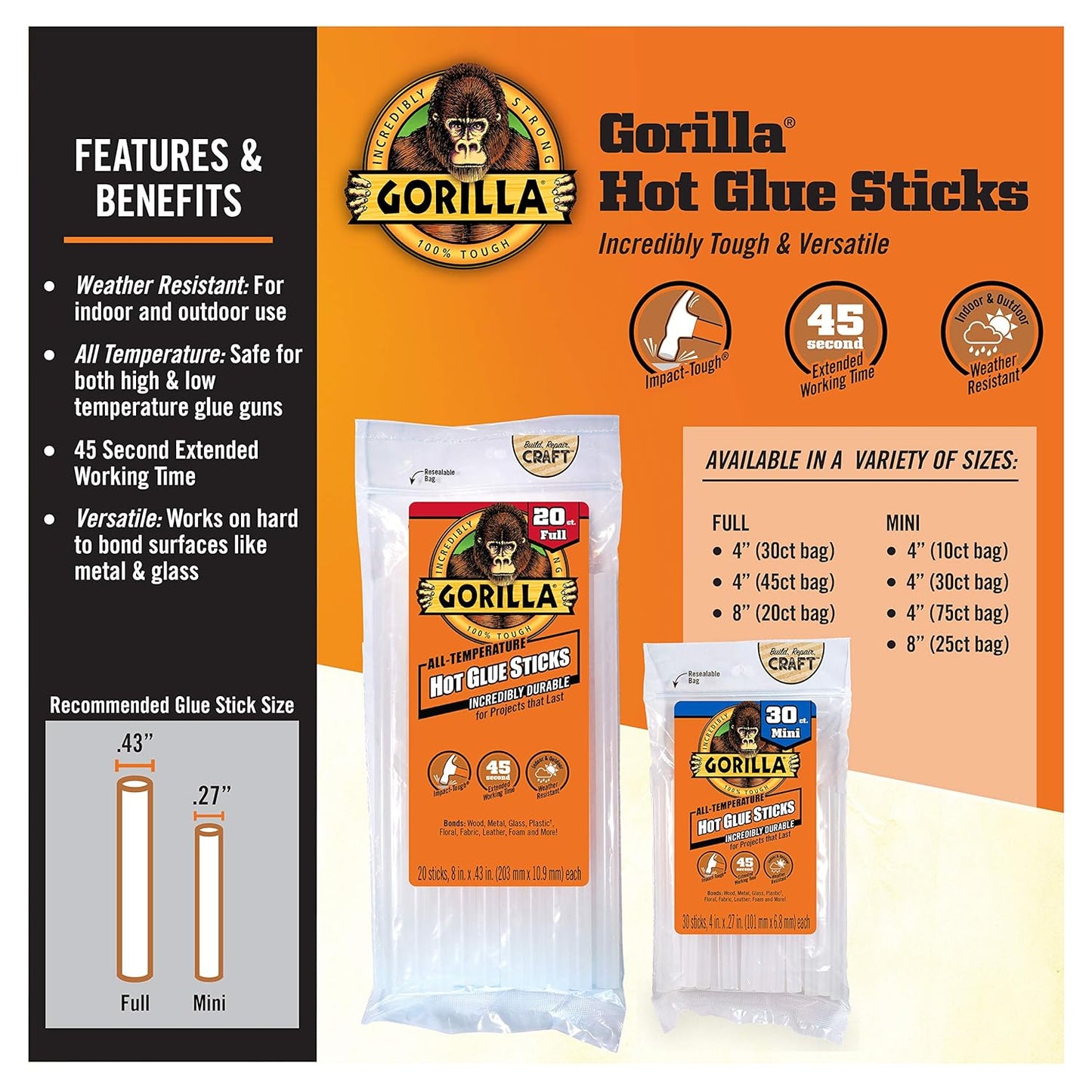 Gorilla Hot Glue Sticks, Clear Glue, Mini Size 8" Long x 0.27" Diameter, 25 Count (Pack of 1) - Safe for All Temperatures with Extended Working Time