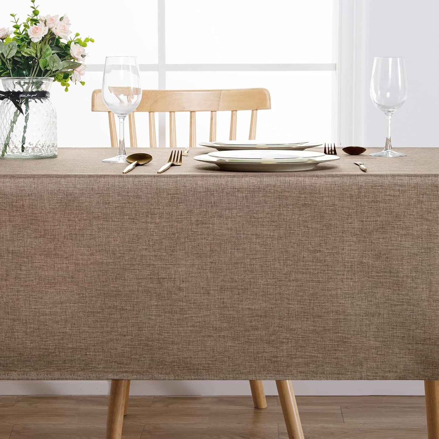 Hiasan 2 Pack Faux Linen Rectangle Tablecloth - Wrinkle and Stain Resistant Washable Table Cloth for Kitchen Dining Room Holiday Table Cover for Party Dinner, Khaki, 70 x 140 Inch