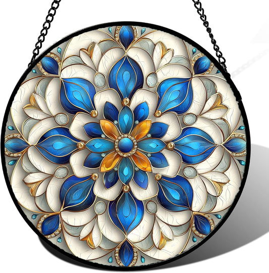 Stained Glass Window Hanging - Blue and White Abstract Flowers Suncatcher for Door Terrace Garden Home Decor, Gold Sun Catcher Birthday Gifts for Lovers Women Men Dad Mom Nana 6.3 in