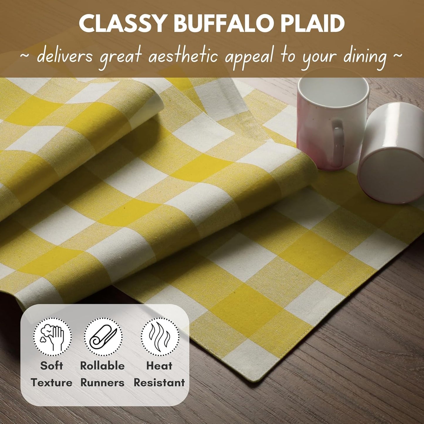 Native Fab Table Runner Buffalo Check Plaid 100% Cotton - 13x108 Inches Kitchen Dining Table Decoration for Indoor Outdoor Farmhouse Home Party Decor -Lemon Yellow and White