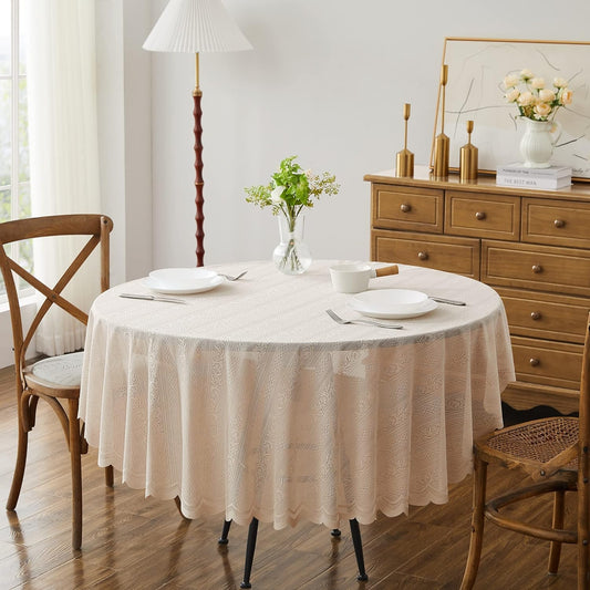 LinenZone Lace Round Tablecloth with Elegant Scalloped Bottom for Any Special Event Such as Wedding, Birthday Party, Baby Shower, Anniversary. Sits 6 to 8 People. (Linda 90 Round, Linen)